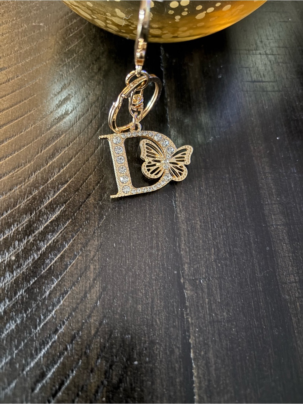 Gold Rhinestone Letter D Keychain with Butterfly Accent